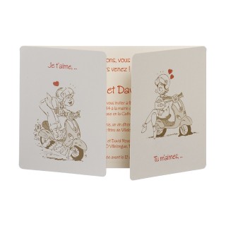 Faire-part mariage LES mariés  en vespa carte en 3 volets - imprimeur-graveur-des-alpes.fr