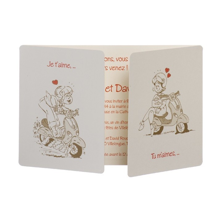 Faire-part mariage LES mariés  en vespa carte en 3 volets - imprimeur-graveur-des-alpes.fr