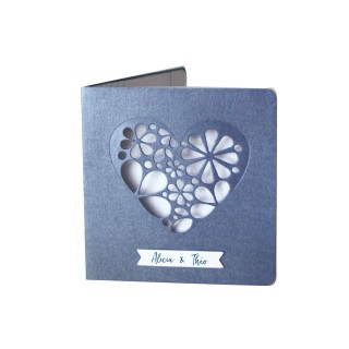 Faire-part mariage CŒUR DÉCOUPE EN FLEURS  Papier irise bleu