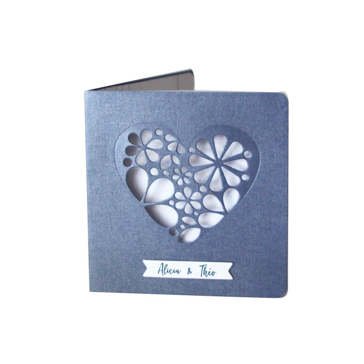 Faire-part mariage CŒUR DÉCOUPE EN FLEURS  Papier irise bleu