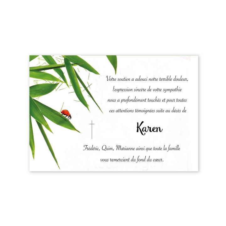 CARTE CONDOLÉANCES faire part deces  PETITE COCCINELLE ROUGE SUR BRANCHE DE PALMIER
