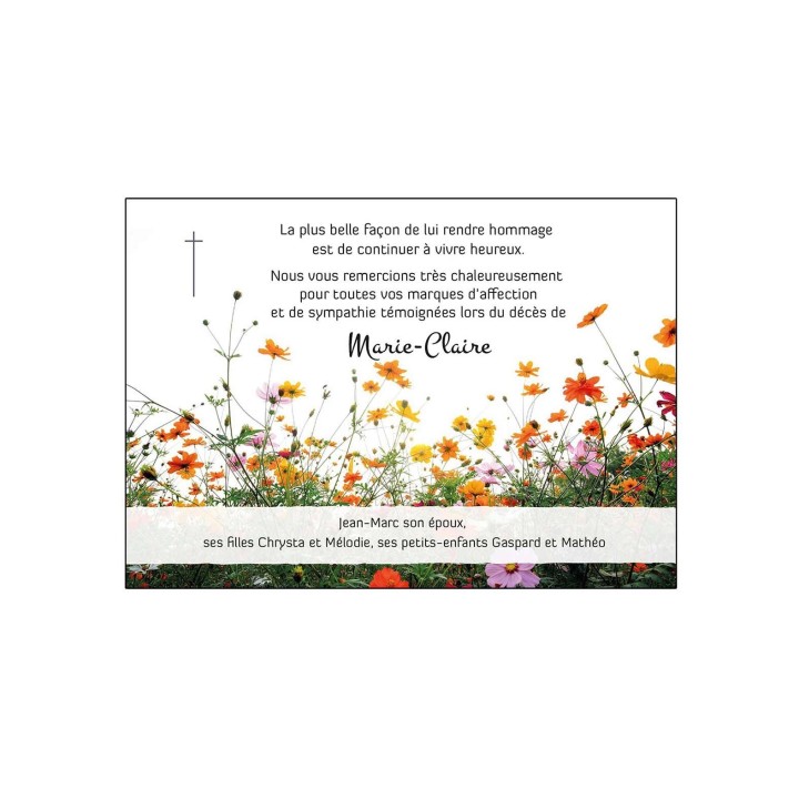 remerciements décès, jardin de fleurs sauvages, croix catholique