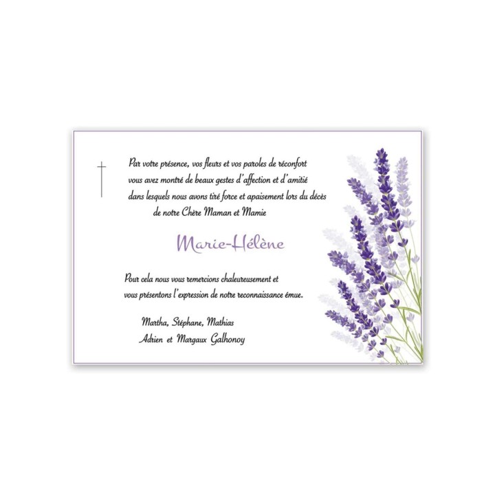 carte remerciement décès, deuil Brin de lavande,  imprimeur graveur des alpes.fr