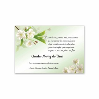 cartes remerciements décès, émeraude, fleurs blanches