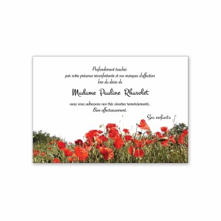 carte remerciements décès,  champs de coquelicots sauvages