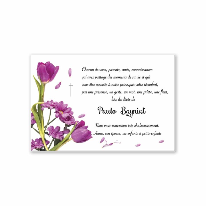 remerciements décès,  bouquet de Tulipes  Rose, violets