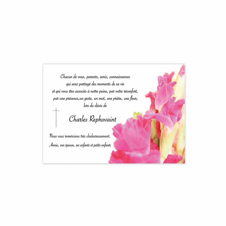 carte remerciements décès, bouquet de fleurs de Glaïeuls