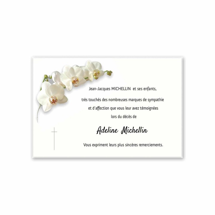 carte remerciements décès, orchidée blanche fleurs, croix catholique personnalise