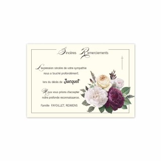 carte décès personnalise sincères  remerciements bouquet de fleurs