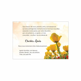 carte remerciements décès, champs de Tulipes Jaunes
