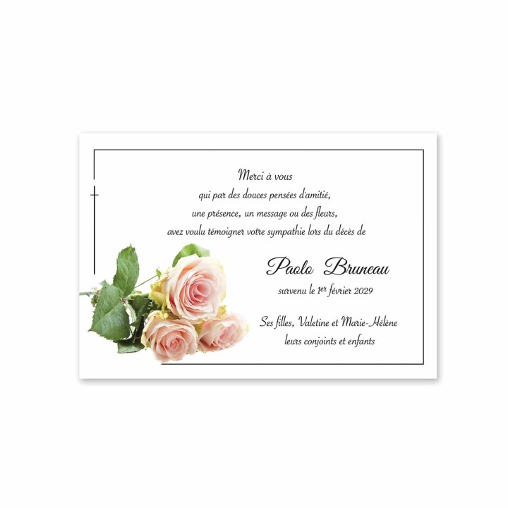 Carte remerciements décès   Jardin bouquet de fleurs 3 roses marbrées