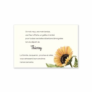 carte remerciements décès, sublime fleur de tournesol épanoui