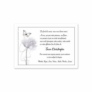 carte remerciements décès,  artiste fleur design au joli  papillon vole