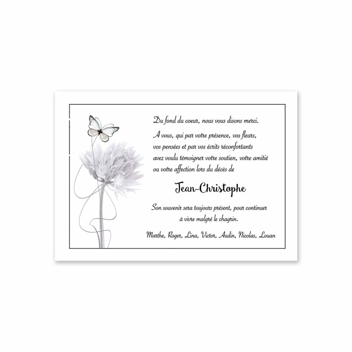 carte remerciements décès,  artiste fleur design au joli  papillon vole