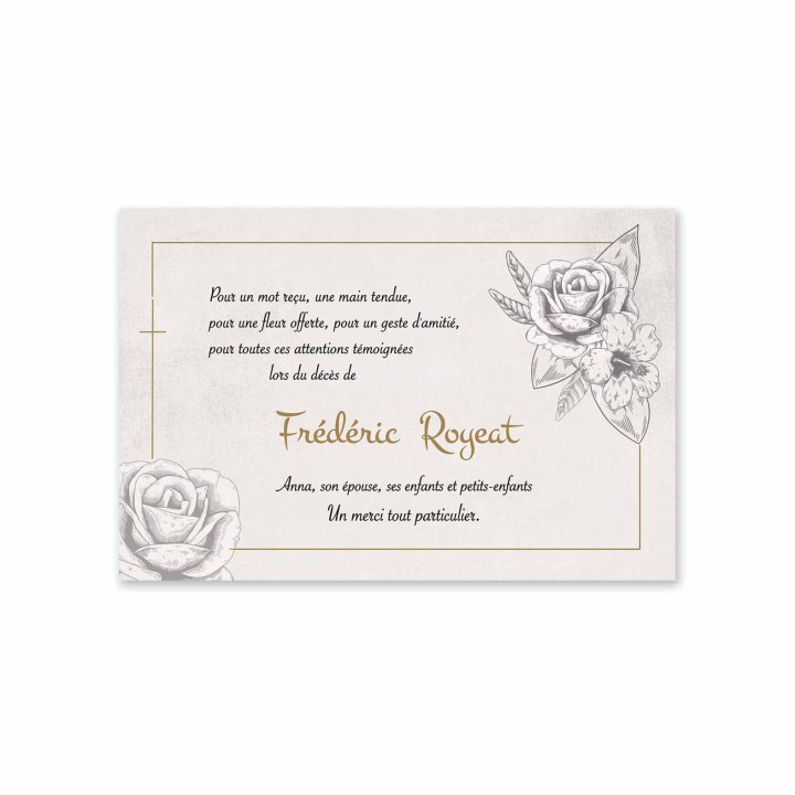 Remerciements décès personnalise vintage  Rose en bouton  Bianca noire, dorée