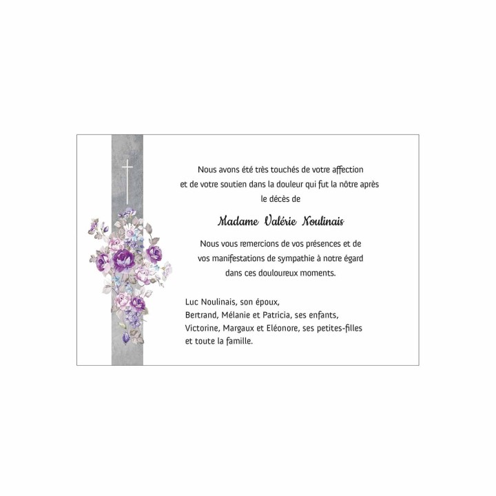 carte remerciement décès,  bouquet de violettes, croix catholique