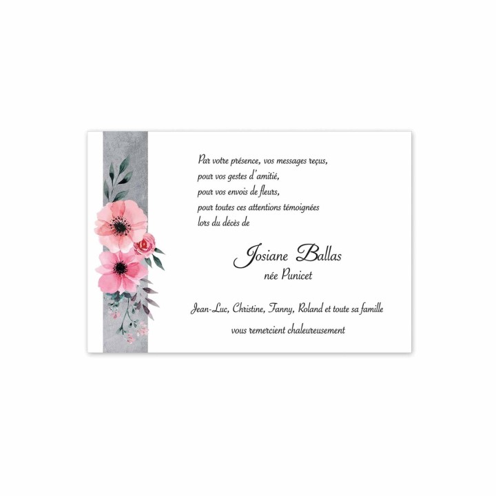 carte remerciements décès, tradition, jolies fleurs roses, sur voile gris  imprimeur-graveur-des-alpes.fr