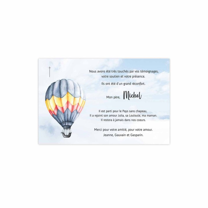 carte condoléances, deuil en Montgolfière dans le ciel ARC EN CIEL