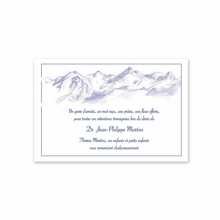carte remerciements décès esquisse crayonnée à la  main la Montagne chaine Belledonne.