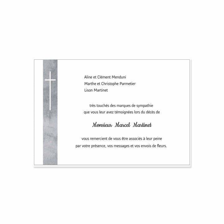 carte remerciements décès de tradition bandeau  gris et croix catholique