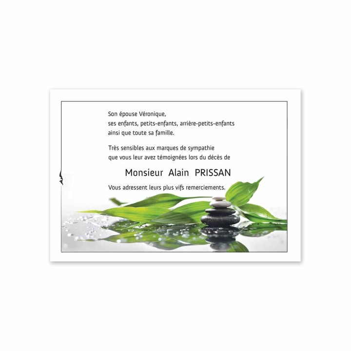 carte remerciements décès condoléances, Zen Galets  noir feuillages sur l’eau