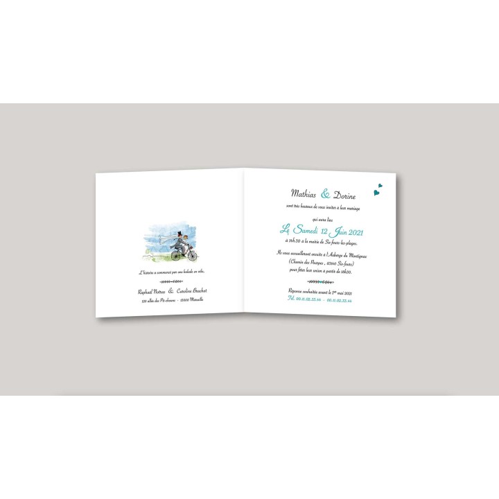 Faire part invitation mariage  sur le vélo en pleine nature. en route vers de nouvelles aventures