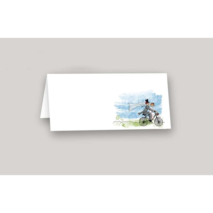 Marque place invités mariage  sur le vélo en pleine nature. en route vers de nouvelles aventures