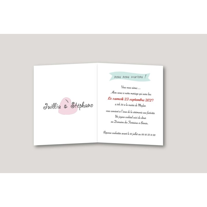 FAIRE PART invitation  MARIAGE, les mariés se photographie sur un banc, ROSITA