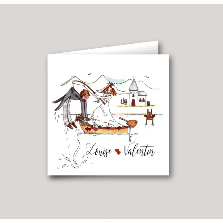 FAIRE PART MARIAGE Humour sur une barque la mariée Pioche