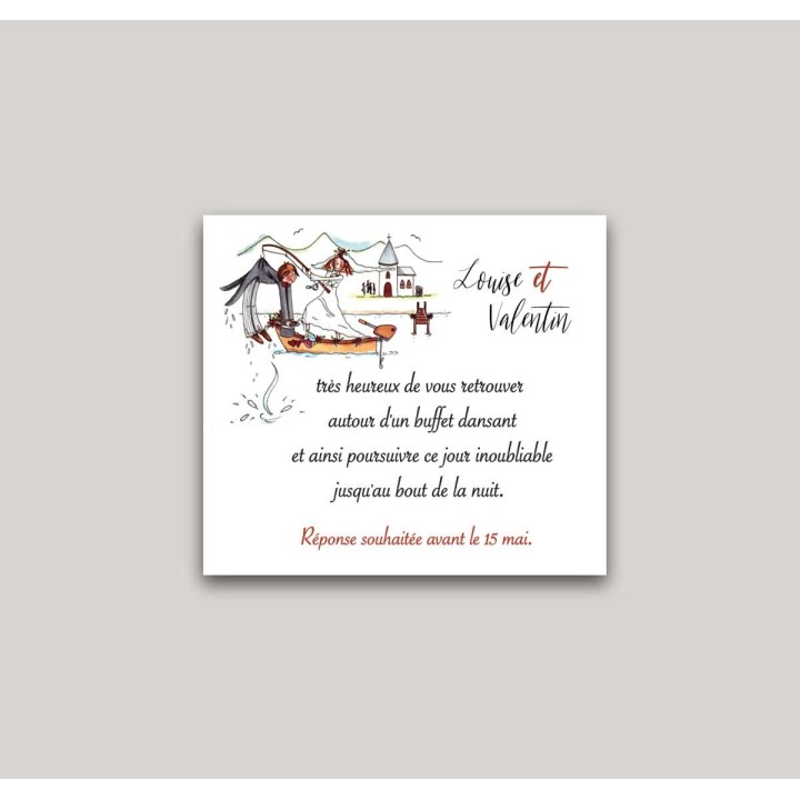CARTE REPAS MARIAGE Humour sur une barque la mariée Pioche