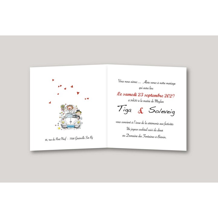 invitation faire part humour MARIAGE les maries en  voiture coccinelle Volkswagen carte Tiega