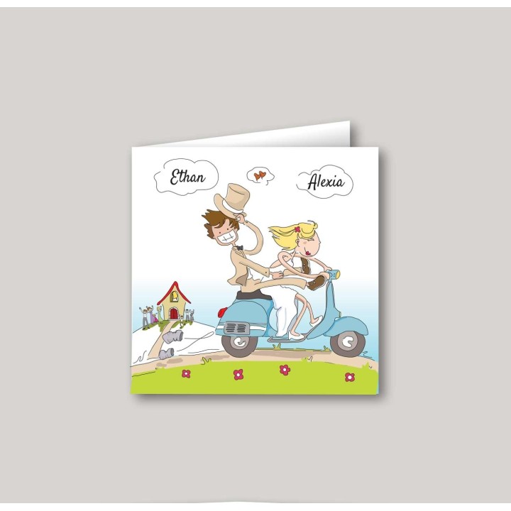 FAIRE PART MARIAGE EN VESPA BLEU POUR LE VOYAGE AMOUREUX SULLY