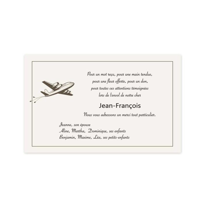 carte remerciements décès, Aviation, condoléances envol en avion pour le voyage  bouquet de fleurs