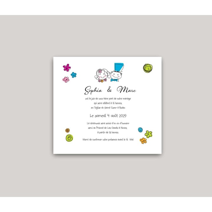 CARTE INVITATION MARIAGE SUBLIME GRAPHISME COLORE DES MARIES ENTOURES DE RONDS ET RONDS