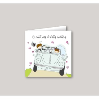 FAIRE PART MARIAGE  LES MARIES EN VOYAGE DANS UNE COCCINELLE DESSIN HUMOUR ET TENDRE