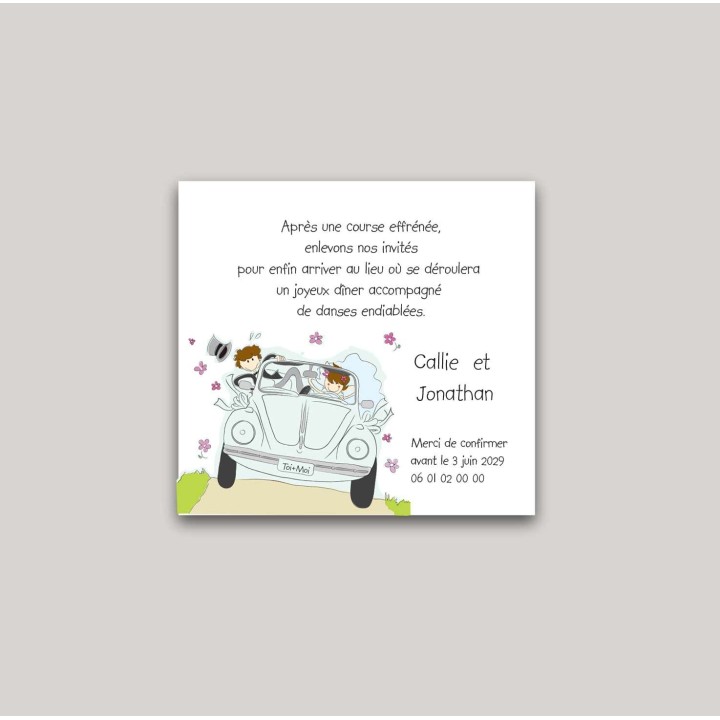 INVITATION MARIAGE  LES MARIES VOYAGE EN VOITURE  COCCINELLE DESSIN TENDRE ET HUMOUR
