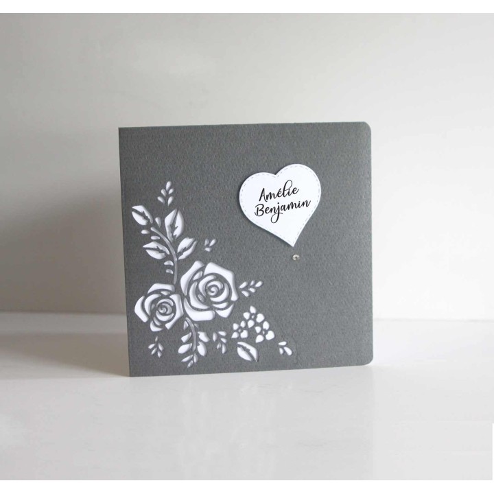 Faire-part mariage Gris anthracite  FLEURS  découpe dans Papier irise