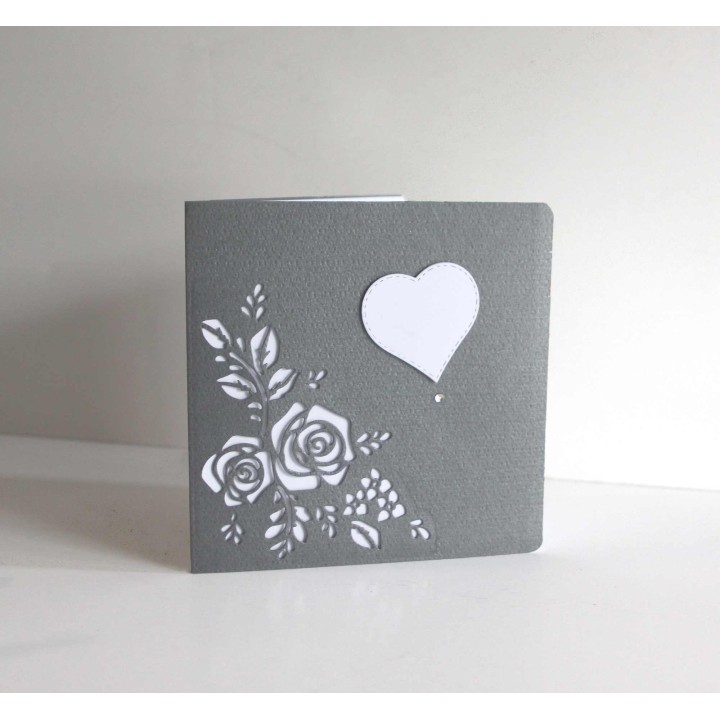 Faire-part mariage HAUTE DE GAMME Gris IRISE   FLEURS  découpe CŒUR 3d