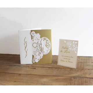 Faire-part mariage, CHIC HAUTE DE GAMME OR riche  ET BLANC écru découpe LES MARIES tradition