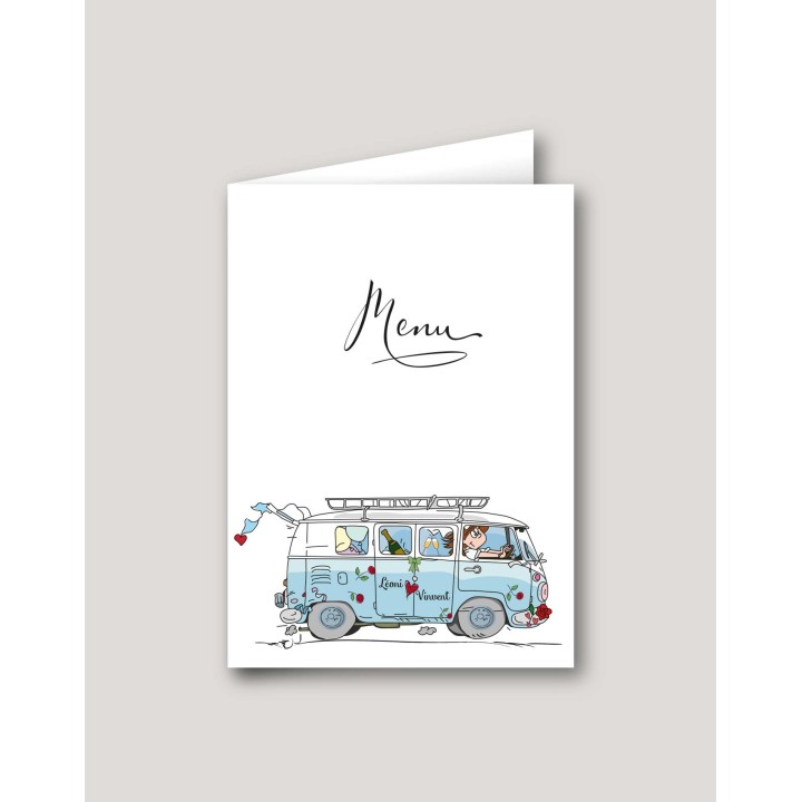 MENU MARIAGE  ILLUSTRE D’UN COMBI SPLIT BLEU VINTAGE CRÉATION 
 MADE IN GRENOBLE