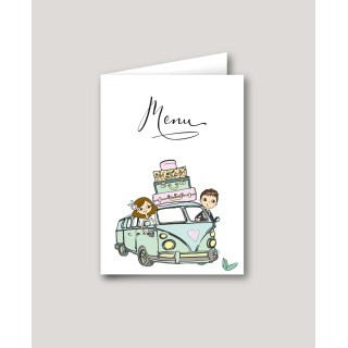 CARTE MENU MARIAGE  ILLUSTRE  COMBI TUBE VERT D’EAU ESPRIT VOYAGE