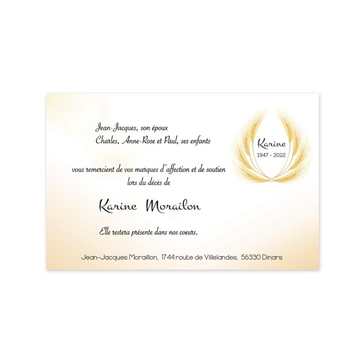carte remerciements décès condoléances, COURONNE de blé, carte funéraire
