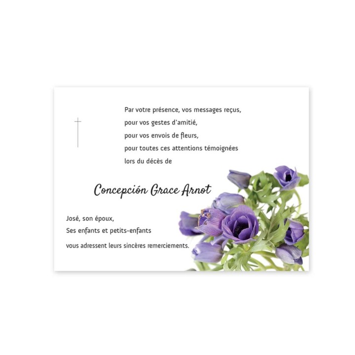 carte de deuil suite décès
remerciements de condoléances bouquet de fleurs violettes.