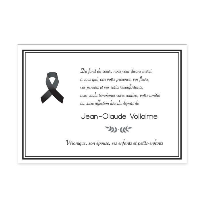 carte remerciements décès condoléances,  RUBAN SATIN NOIR  PORTE DEUIL