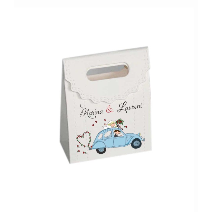BOITE A DRAGÉE mariage  2CV VINTAGE RABAT DENTELLE  personnalisée NOMS DES MARIES