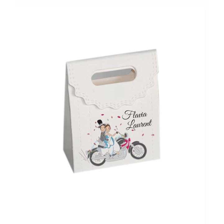 BOITE A DRAGÉE MARIAGE MOTARDS EN MOTO  RABAT SURPIQUE personnalisée