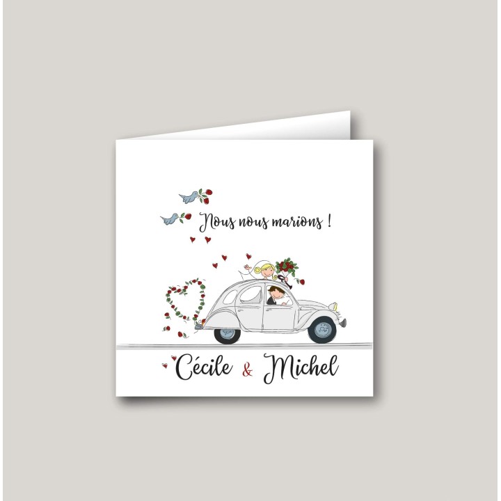 Faire part mariage 2CV vintage grise, voiture mythique Citroën des années 60