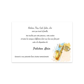 CARTE REMERCIEMENTS DÉCÈS CONDOLÉANCE SAXOPHONE MUSICIEN