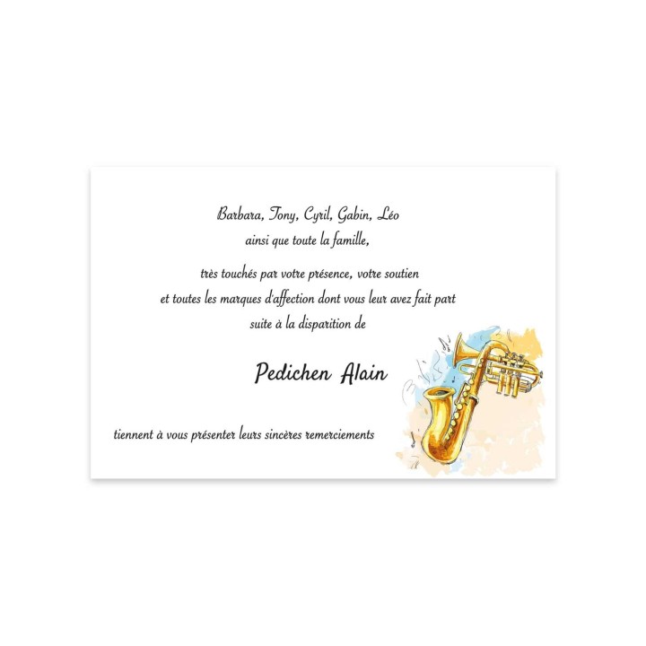 CARTE REMERCIEMENTS DÉCÈS CONDOLÉANCE SAXOPHONE MUSICIEN