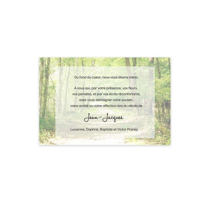 carte remerciements deces condoleances  la foret broceliande chemin a travers les arbre